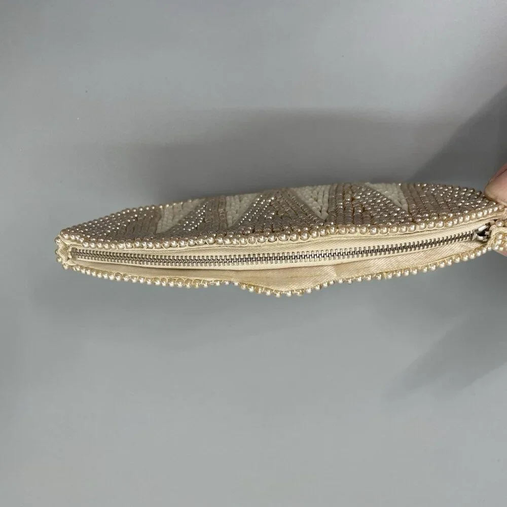 Vintage Beaded Clutch Evening Purse Makeup Bag Zip Top Faux String Pearls Small - Picture 4 of 12